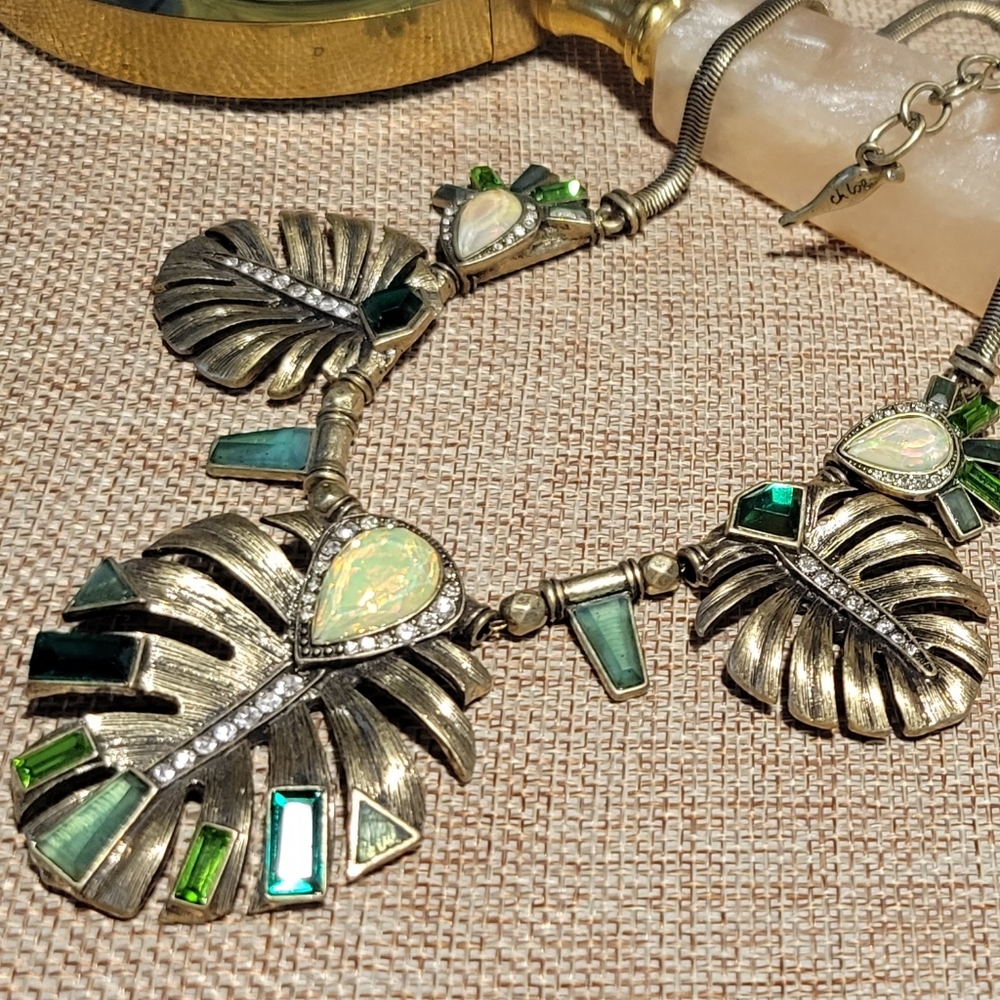 Chloe + Isabel Gold Tone Leaf Necklace with Green and Opalescent Stones